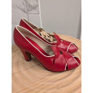 Remix Red Leather Heels Peep Toe Vintage Classics Retro Style Women's Size‎ 8